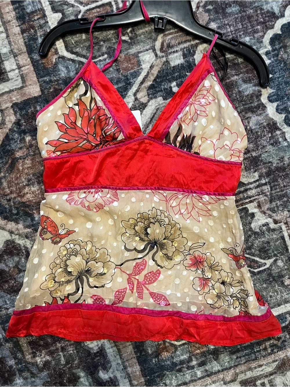 Y2K Women’s Floral Print Silk Red-Trim V-Neck Cami Top - Medium